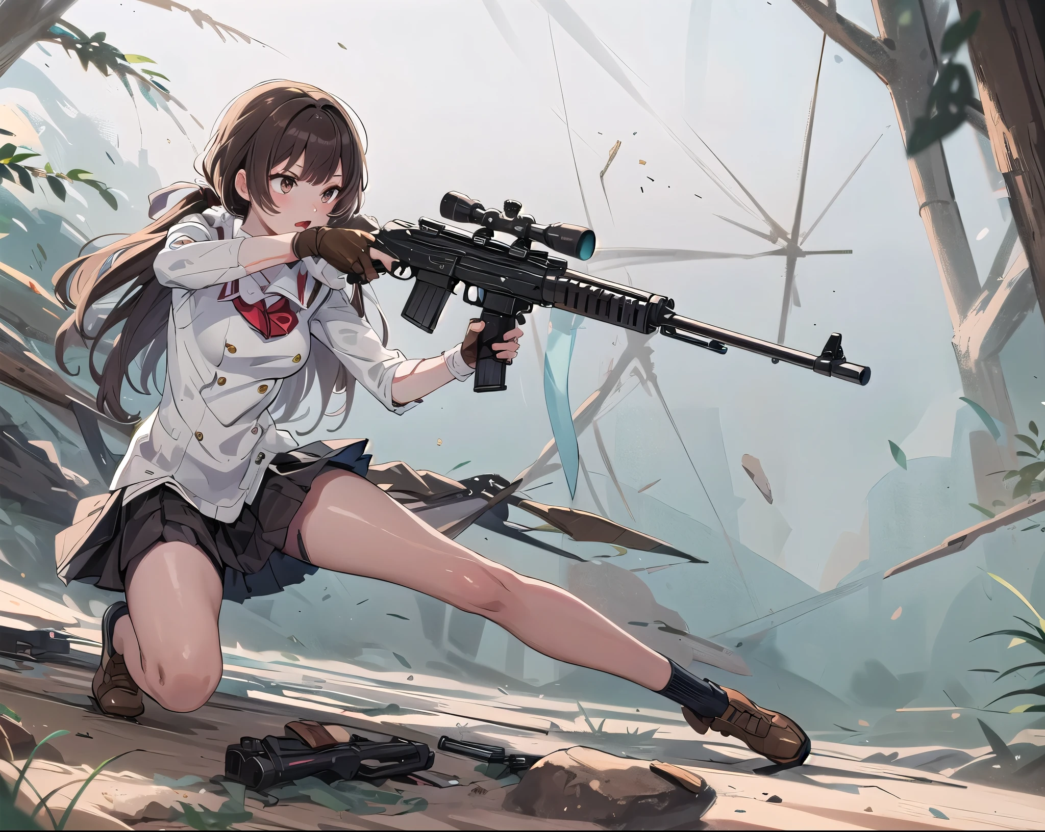   1 girl, Alone, Long Hair,  At the pub, skirt, Brown Hair,   Black Hair  , gloves, holding,   twin tails  ,   Brown Eyes  ,     School Uniform,   jacket, Full Body,   ponytail, arms, pleated skirt, shoes,   black gloves, socks,     FINGERLESS GLOVES  , holding arms, from side, gun, Check pattern, Knee-length, Check pattern skirt, brown footwear , white   jacket, black socks, , holding gun, rifle, tobacco, brown skirt, sniper rifle, Firing, Range  , Suppressor
