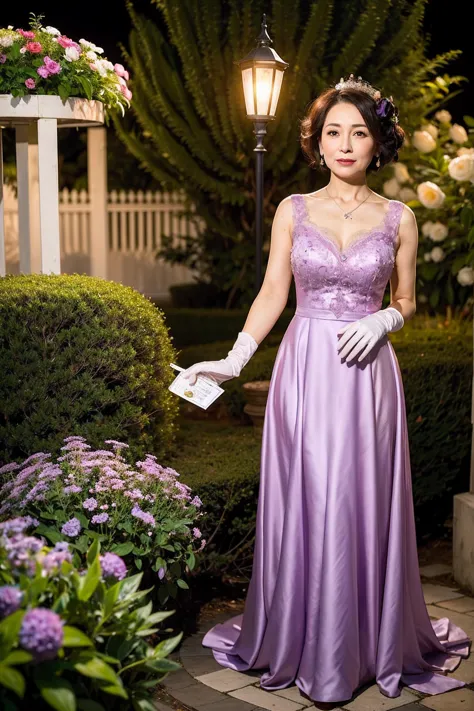 ((masterpiece)), ((best quality)), a middle-aged short-hair woman, ((she is wearing an ornamental light purple wedding dress)), ...