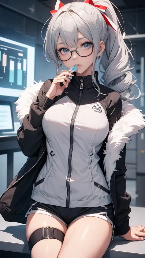 1 girl, silver wolf \(honkai: star rail\), honkai \(series\), black  shorts , blowing bubbles, chewing gum, cross buns, drill ha...