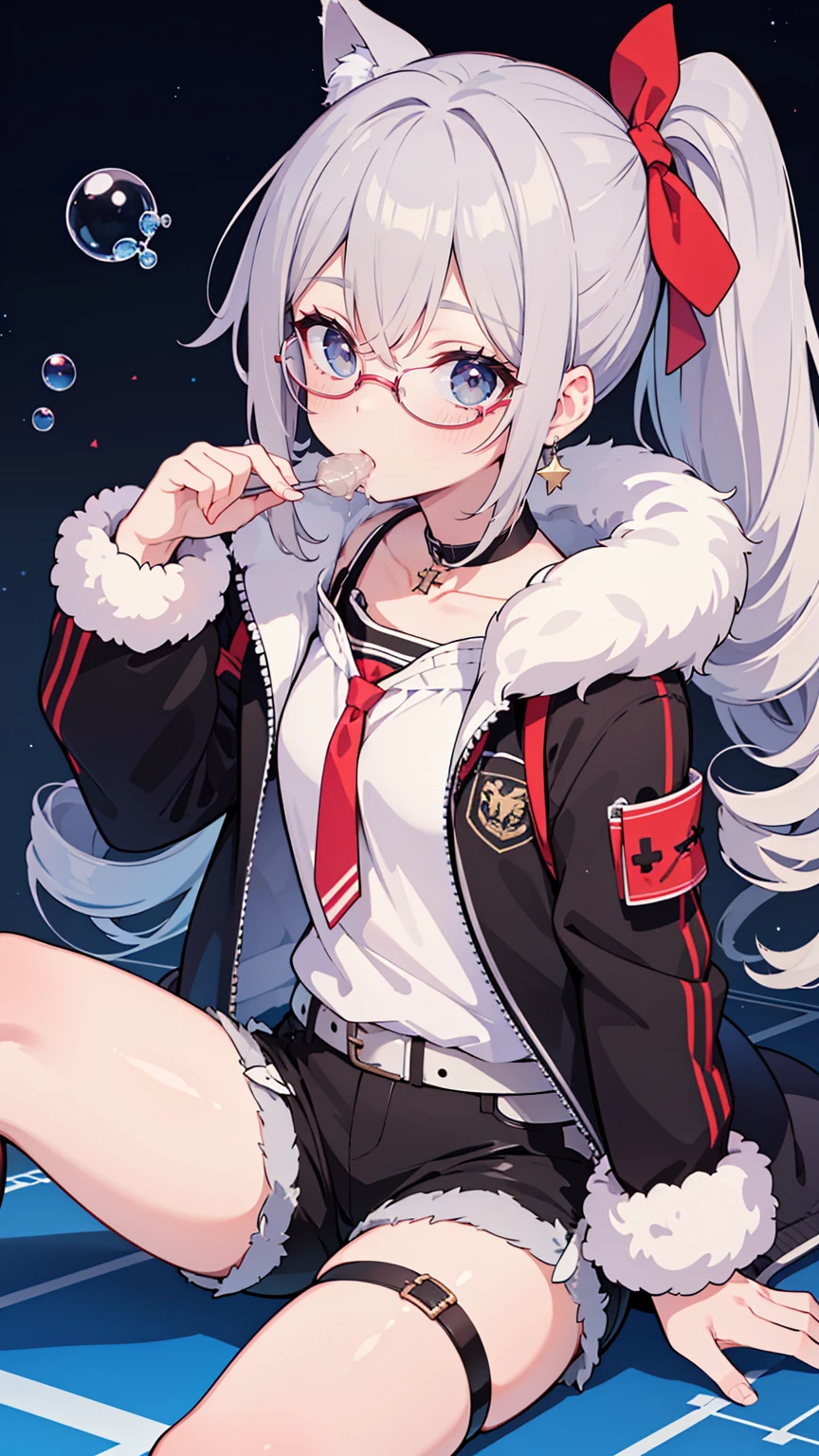  1 girl, Silver Wolf \(Honkai: Star Rail\), Honkai \(series\), black  shorts , Blowing bubbles, Chewing gum, Cross Buns, Drill Hair,  drill ponytail ,  earrings, Eyewear, Microcosm , fur-trimmed  jacket, Fur trim, goggles, Grey Hair, hair ribbon,  high ponytail , hologram,  jacket,  jewelry , Planet, ribbon,  shorts , Single Drill, Sitting, Alone,  thigh strap, tinted glasses, ( best quality:1.2), ( Is Extremely Beautiful :1.2), (Absurd:1.2), (safe:1.2), (  detail background ), maximum detailed eye, up to date,  complicated details, employment. repair,Beautiful Face,Special_eye,hologrameffect,Add XL,perfecteye
