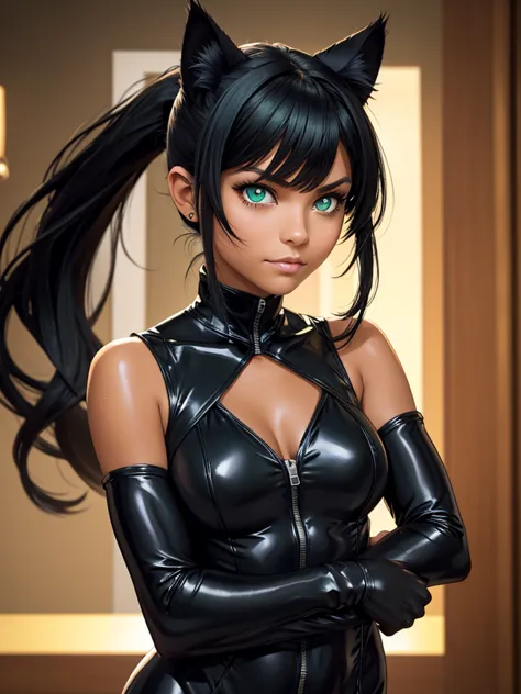 (best quality), 1girl, female, tanned skin, black hair, high ponytail, side swept bangs, long hair, green eyes, perfect eyes, he...