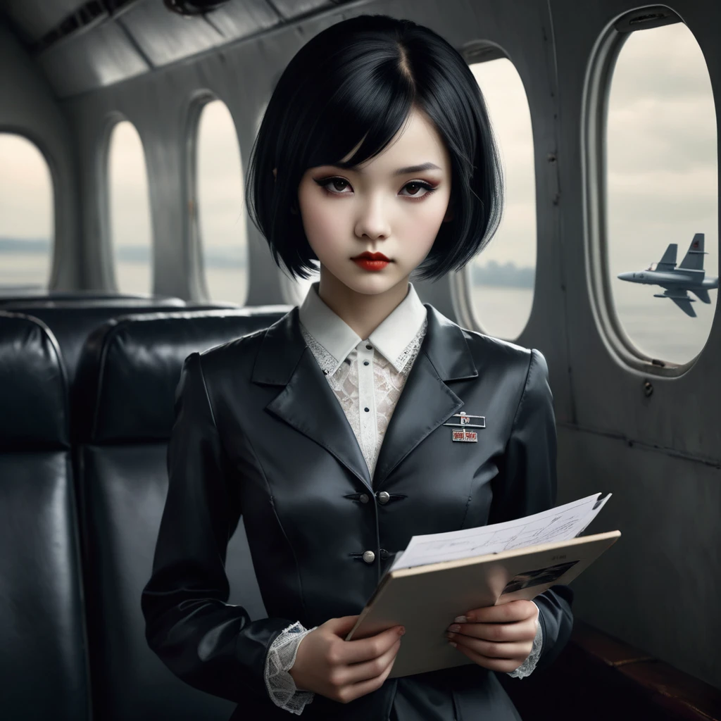 by Bojan Jevtic, Michael Borremans, Vector Art, 
RAW photo,1/2 length shot of a strong 13yo Young chineses Beauty, 
air hostess uniform, alluring, innocent Pose,holding a clipboard, shy, coy. open blouse
Land Art, Ilford HP5+ 400, F/5, perfect skin, Smooth Skin, Flat chested, Bold, Brilliant Dim Background Light, low key lighting, deep rich colours, deep dark shadows, sharp and in focus, 8k, side light, deep contrast
Visual novel, Brilliant Masterpiece, 
short straight hair, dark hair, open jacket, see through lace bra, goth makeup, background of dark antique aircraft seating, deep dark night, rain on windows, cold light,
