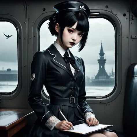 by bojan jevtic, michael borremans, vector art, 
raw photo,1/2 length shot of a strong 13yo young japanese beauty, 
air hostess ...