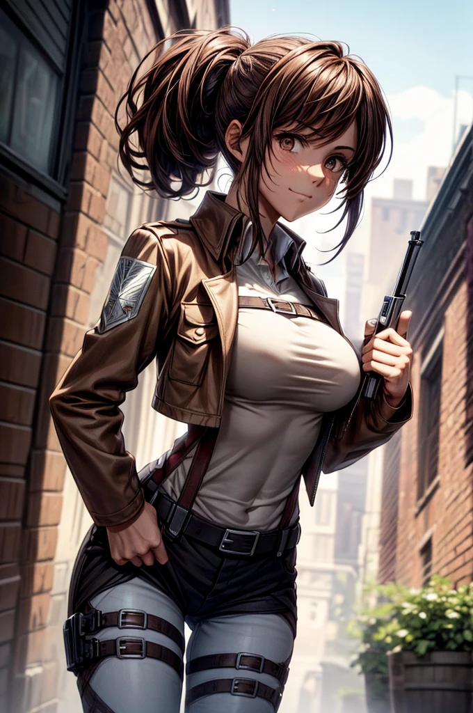 Score_9,score_8_up,score_7_up,source_anime,ratting_safe,perfect hands,good hands,five fingers on both hands,Sasha Braus/(attack on Titan/),Sasha Braus in her 20s,mature Sasha Braus,serious,confident smiling,blushing,slim beautiful figure body,ponytail hair,reddish-brown hair,bangs,hair between eyes,light brown eyes,beautiful eyes,confident eyes,big breasts,big ass,wearing white shirt,under shirt,brown jacket,sleevless,white pants,tight pants,full sleeves,red scarf,stylish belt,thigh straps,emblem,brown big boots,midriff,navel,shiny,shiny skin,holding a pistol in her hands,aiming to a enemy,standing,aiming,ruins,night time,night,full moon,stars,vibrant colours,(((PG RATED))),picture perfect,masterpiece,absurdes,best quality,best graphics,best resolution,best detailed,1024k,HDR,RTX ON,ray tracing:1.4,sharp focus,sharp focus on details,shadows,cinematic light,volumetric light,dramatic light,dynamic light