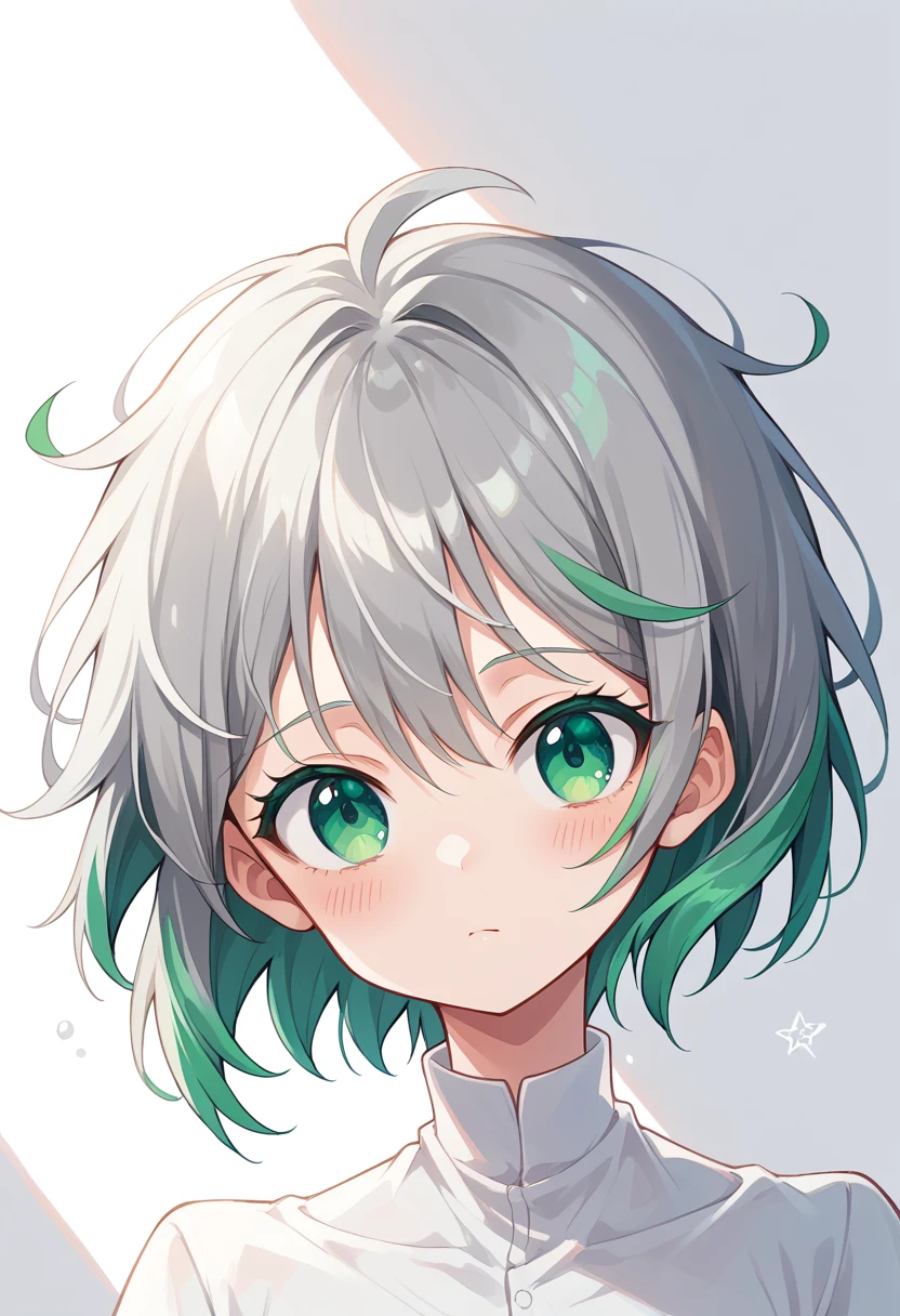 NSFW,Highest quality, Intricate details,, One cute and , short Hair, grey Hair, Messy Hair, green highlights, Hair on two eyes, Full Art,Character portrait, cute face, blushing, capucha negra, túnica negra 