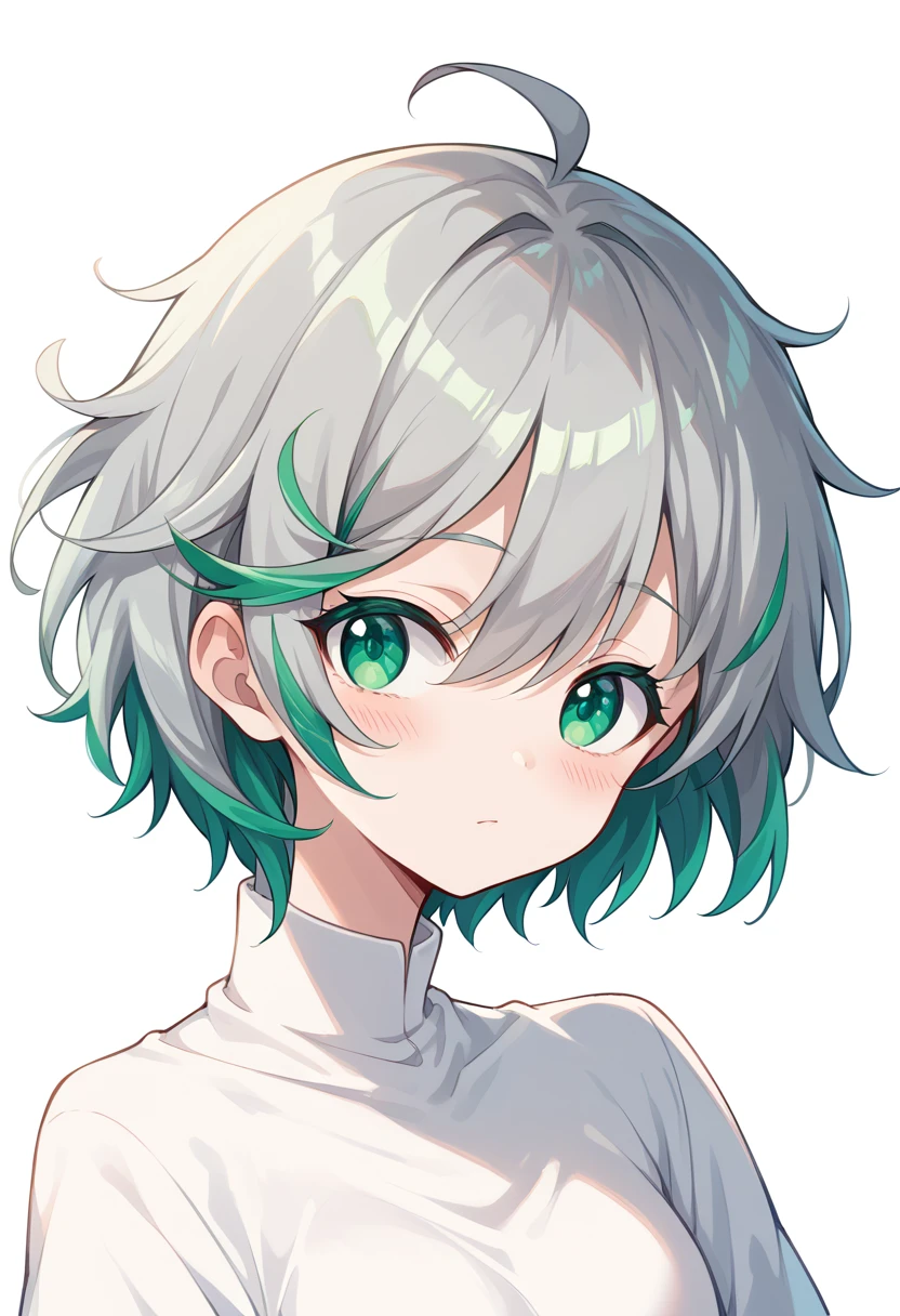 NSFW,Highest quality, Intricate details,, One cute and , short Hair, grey Hair, Messy Hair, green highlights, Hair on two eyes, Full Art,Character portrait, cute face, blushing, capucha negra, túnica negra 