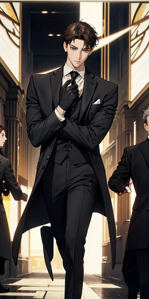  High Resolution ,Fine image quality ,Fine skin, anime style and pictorial ,One man,Alone, fitted black suit, Black Coat, black pants ,Whole body expression,Brown Hair,Brown eyes, short, smooth hair , cropped armpits and neckline , businessman style detective , black gloves, cool old man ,Beautiful posture down to the feet 