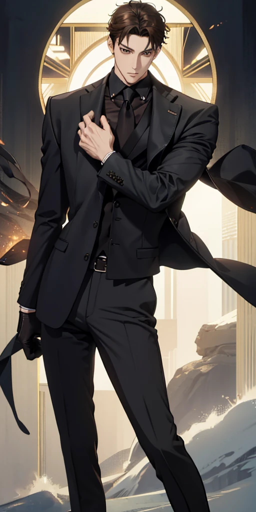  High Resolution ,Fine image quality ,Fine skin, anime style and pictorial ,One man,Alone, fitted black suit, Black Coat, black pants ,Whole body expression,Brown Hair,Brown eyes, short, smooth hair , cropped armpits and neckline , businessman style detective , black gloves, cool old man ,Beautiful posture down to the feet 