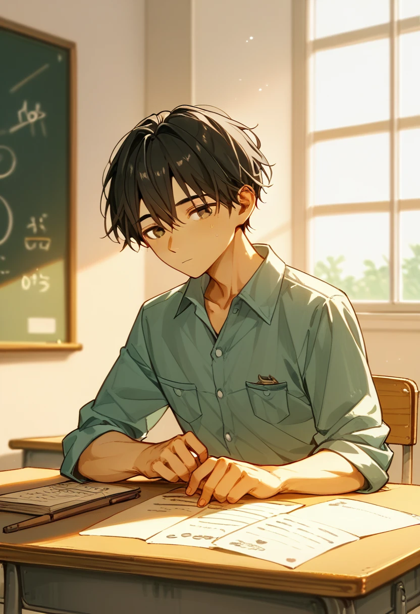  2 15-year-old boys 、Teachers and students、Fair skin、Slim body、Study while sitting at a desk、School classroom、Black Hair、Summer sunlight、Love between men、Unrequited love、 long bangs、