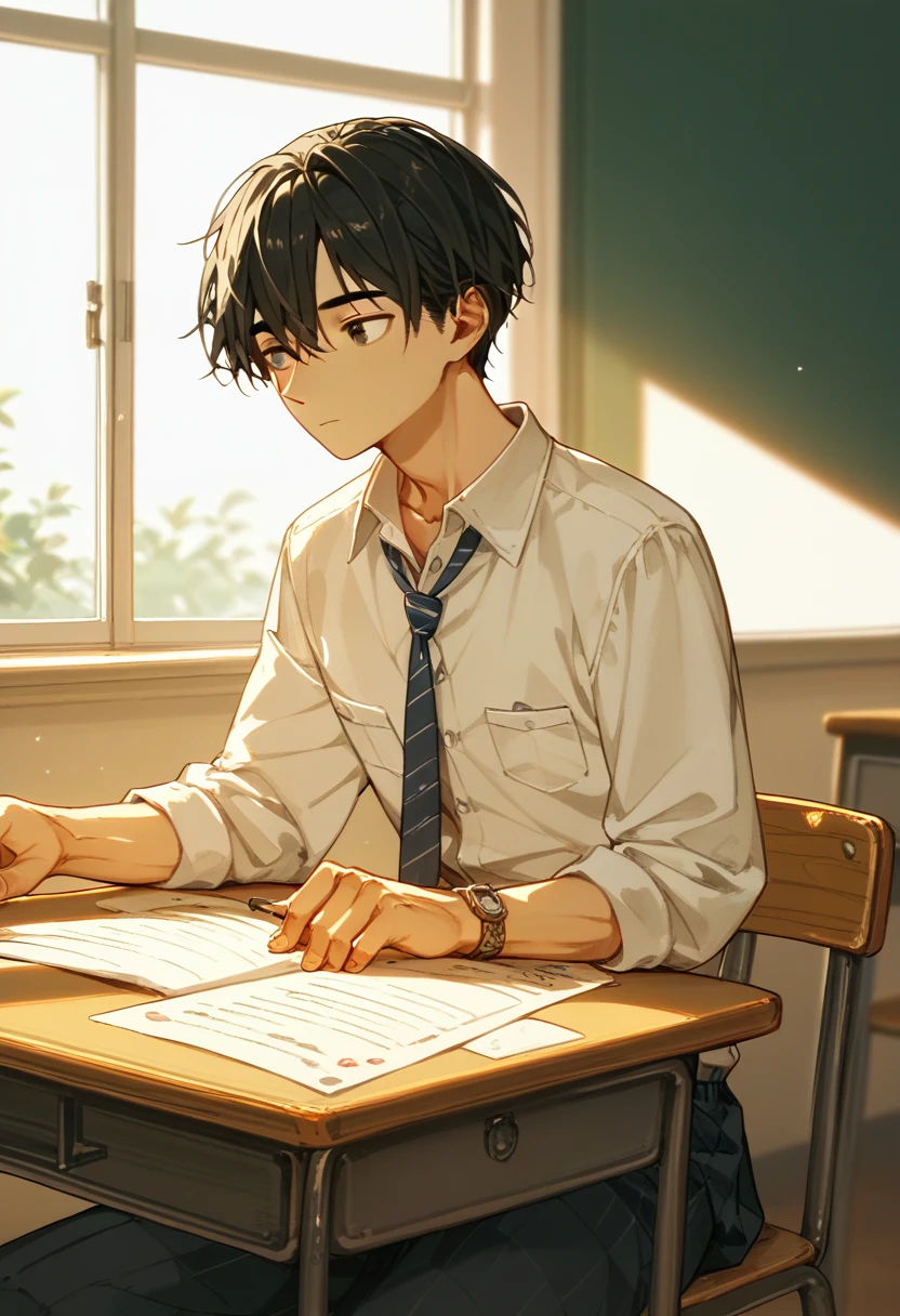  2 15-year-old boys 、Teachers and students、Fair skin、Slim body、Study while sitting at a desk、School classroom、Black Hair、Summer sunlight、Love between men、Unrequited love、 long bangs、