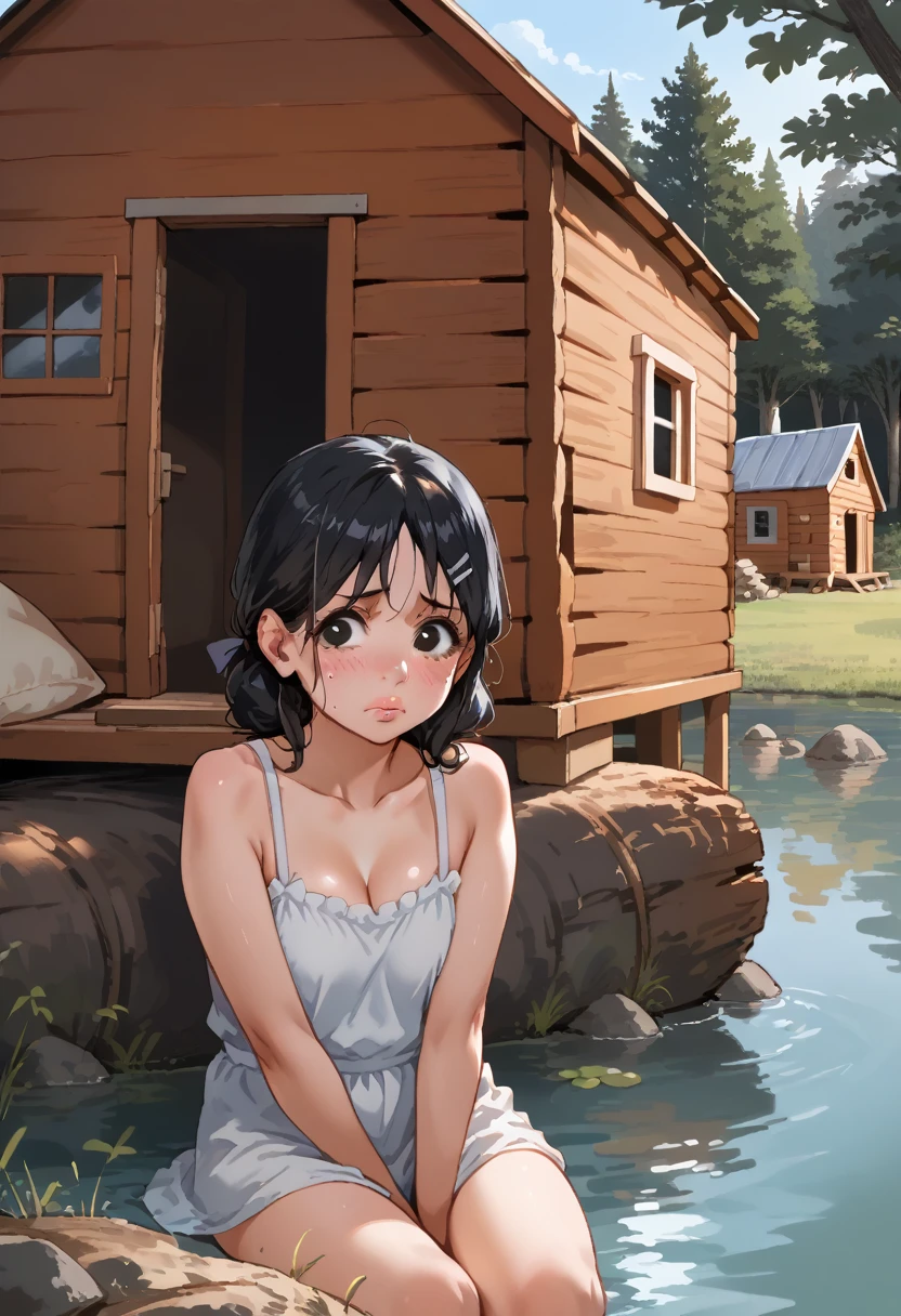 (1girl:1.3), Masterpiece, Best quality, amazing beauty, 4K, absurdres, finely detail, super detailed eye, perfect anatomy, official art, cinematic lighting, BREAK, (cabin in the lake:1.5), silky half up hair, (black hair:1.5), super shiny detailed black eye, tareme, full lips, round face:1.5, embarrassed, young face:1.2, BREAK , big breasts, plump, , BREAK , (micro transparent bikini's top, erection nipples:1.2), (micro t-thong:1.2), BREAK,()