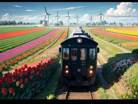 チューリップ畑の中の風車の眺め, colorful, camera view of the netherlands, view of windmills in a tulip field with flowers in the foreground ,