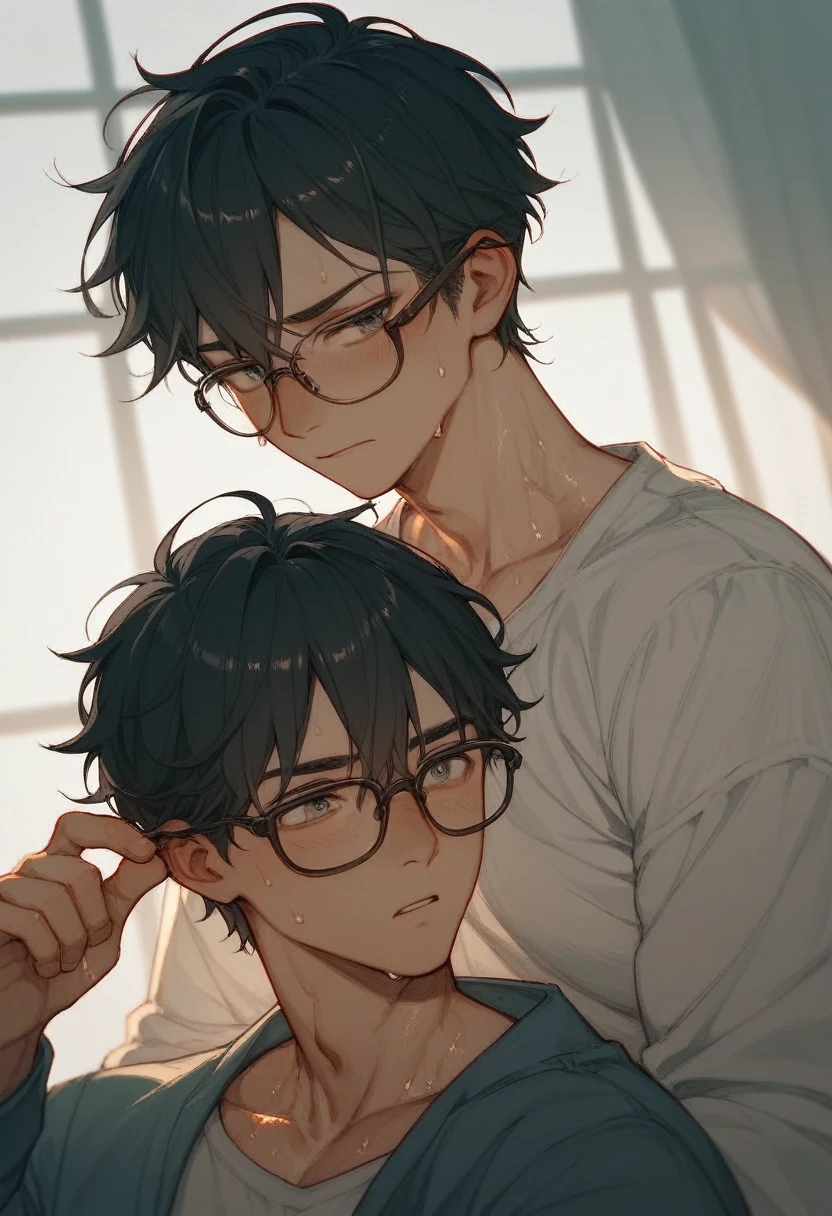  2 15-year-old boys 、high school student、Sweaty skin、whole body、Black Hair、Summer sunlight、Love between men、Unrequited love、 long bangs、Glasses