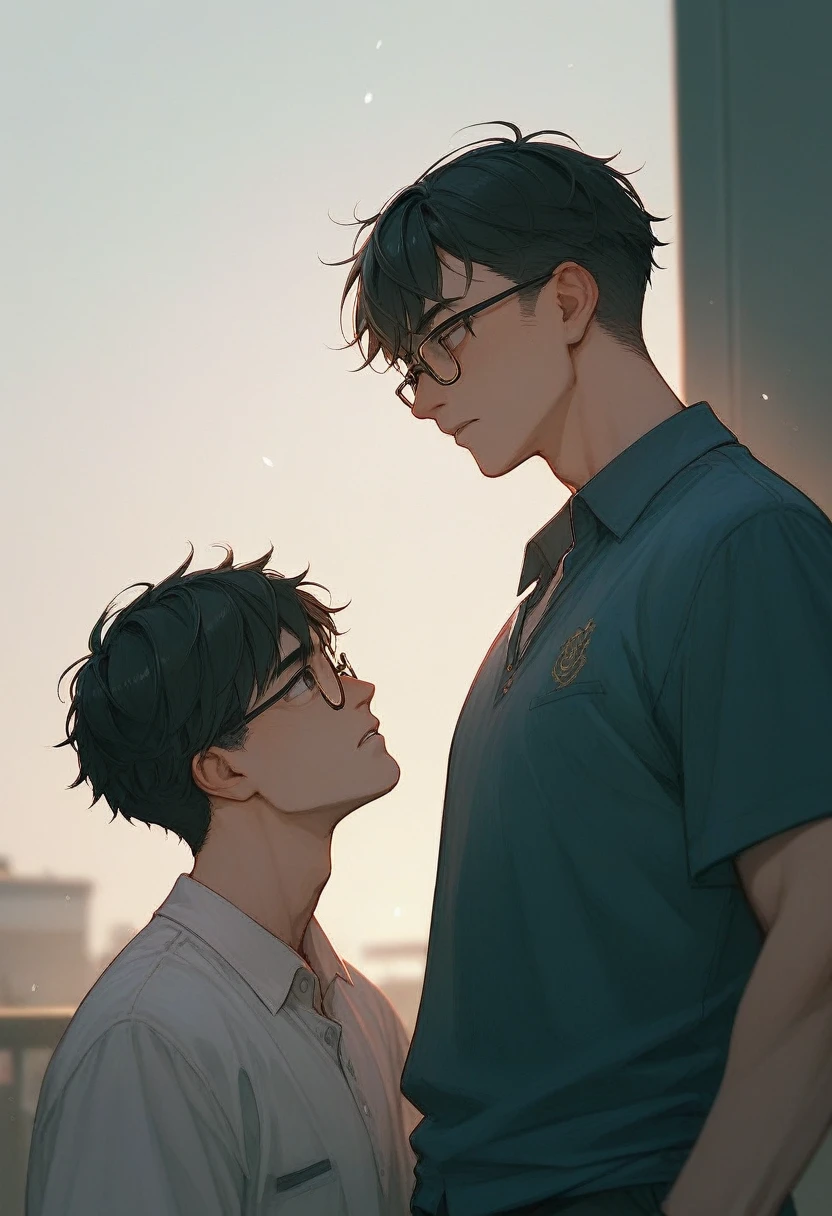  2 15-year-old boys 、high school student、whole body、Black Hair、Summer sunlight、Love between men、Unrequited love、 long bangs、Glasses