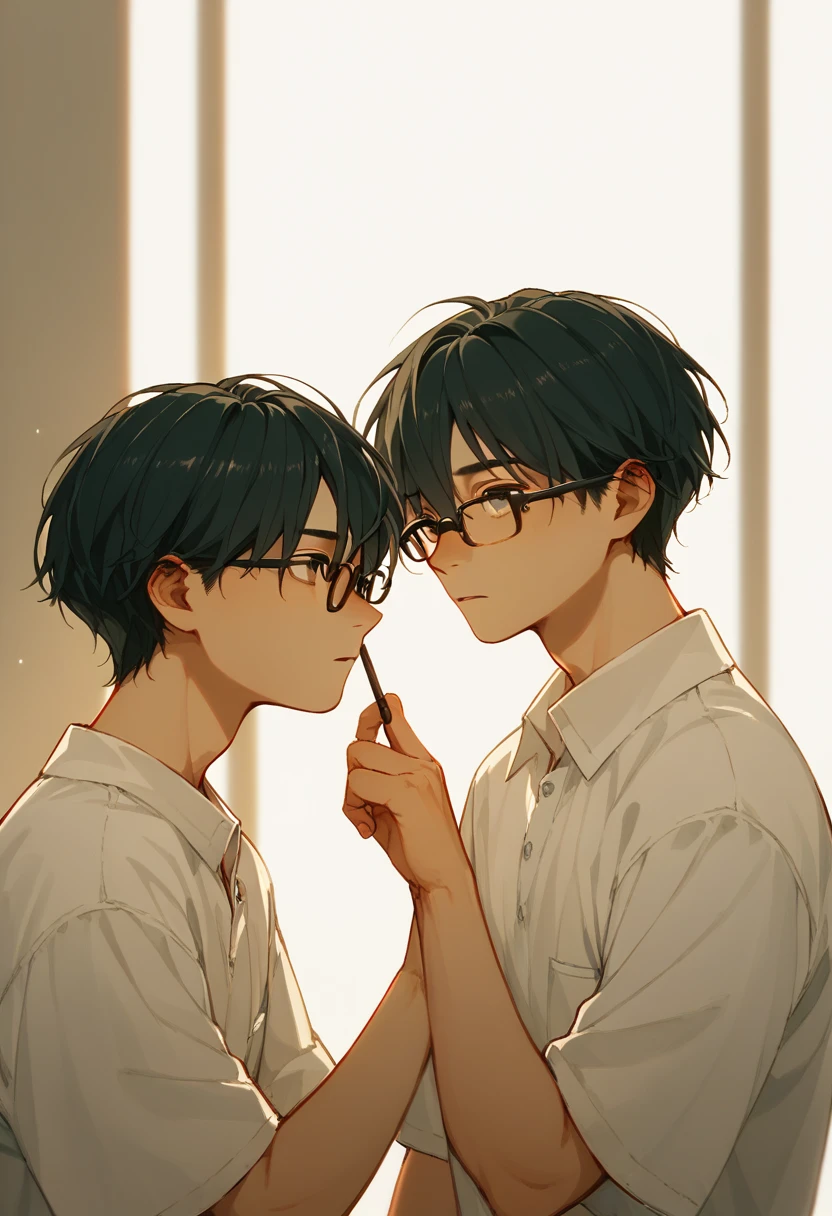  2 15-year-old boys 、The whole body of a high school student、Black Hair、Summer sunlight、Love between men、Unrequited love、 long bangs、Glasses