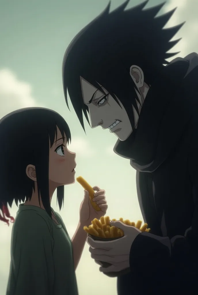 Sarada Uchiha giving Momoshiki Otsutsuki French fries in her mouth