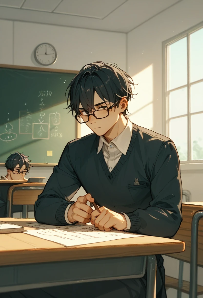  2 15-year-old boys 、The whole body of a high school student、Black Hair、Classroom at Dusk、Love between men、Unrequited love、 long bangs、Remove your glasses