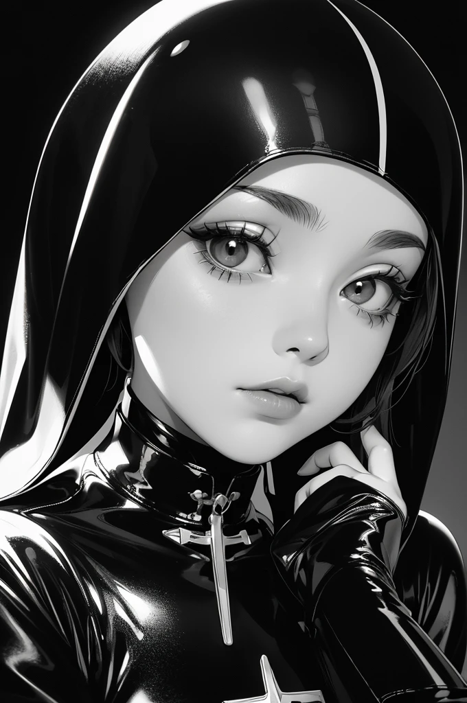 (best lighting) (best quality, masterpiece:1.2), (absurdres), (black and white), (monotone), high contrast, close portrait, feminine woman, latex nun outfit, plain black background