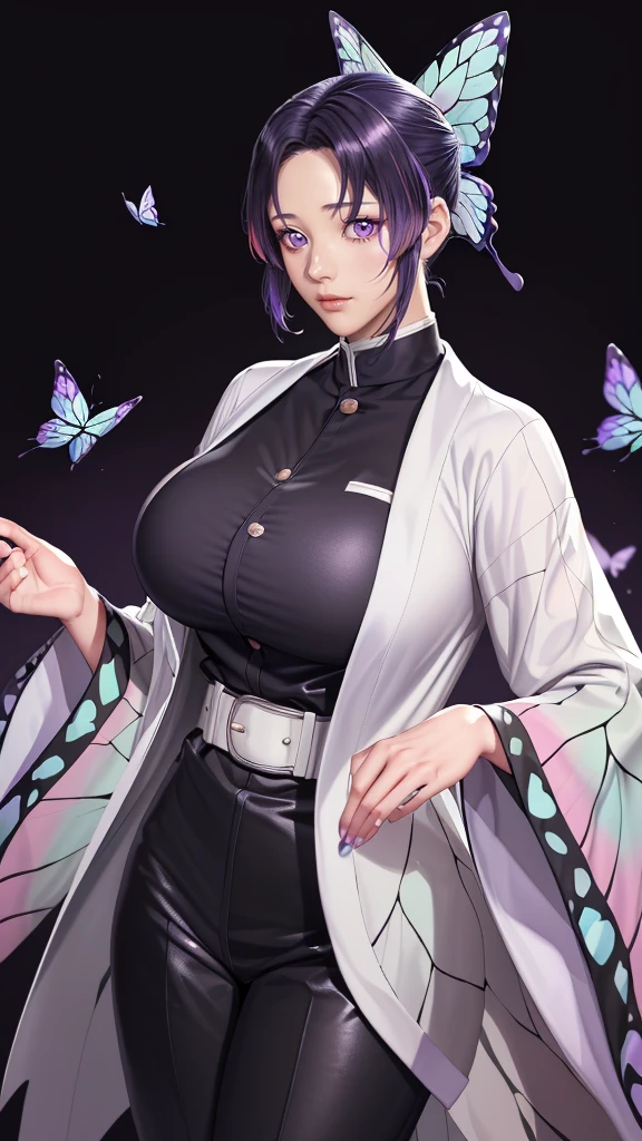 (（（figure，御姐figure,White and tender skin,（（haori, wide sleeves, long sleeves, black pants, black jacket, belt，）））,(（（kochou shinobu, butterfly hair ornament, purple eyes, multicolored hair, short hair, parted bangs, ））),,((masterpiece)),highres,((Best quality at best)),masterpiece,quality,Best quality,(（（  exquisite facial features , for the audience ,））），Huge breasts，）））