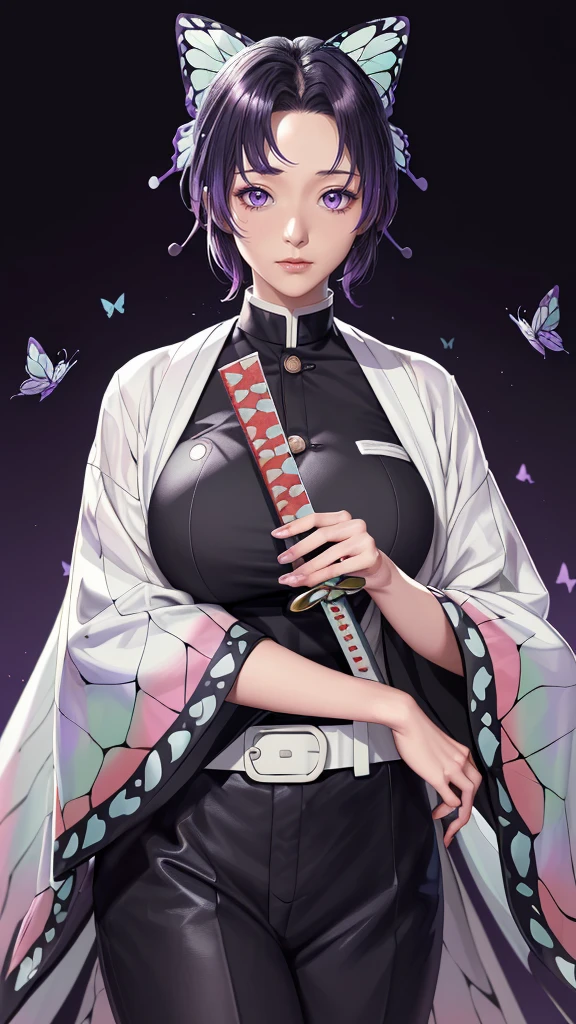 (（（figure，御姐figure,White and tender skin,（（haori, wide sleeves, long sleeves, black pants, black jacket, belt，）））,(（（kochou shinobu, butterfly hair ornament, purple eyes, multicolored hair, short hair, parted bangs, ））),,((masterpiece)),highres,((Best quality at best)),masterpiece,quality,Best quality,(（（  exquisite facial features , for the audience ,））），Huge breasts，）））