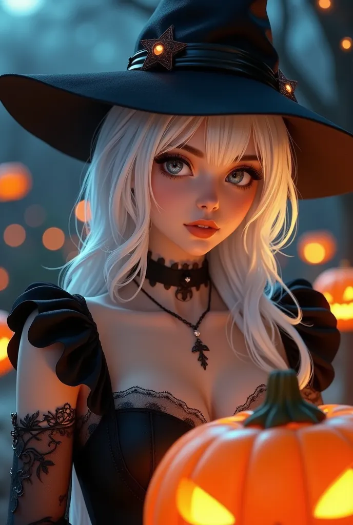 halloween portrait in costume,photorealistic,hd,masterpiece,best quality,ultra-detailed,1girl,pumpkin,white hair,night,black wit...