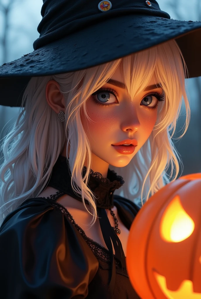 Halloween portrait in costume,photorealistic,HD,masterpiece,best quality,ultra-detailed,1girl,pumpkin,white hair,night,black witch hat,jack-o'-lantern,