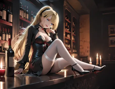 a picture of a beautiful woman  sitting in a goth bar , sipping a dark red cocktail, wearing a black mini dress, full body, slig...