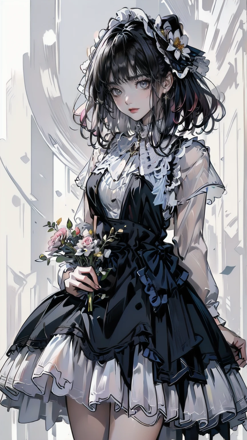 ((masterpiece,  best quality)),  1 girl, flower, Alone, dress, holding, null, cloud, Have, Outdoor, bangs, bouquet, rose, expressionless, , Pink Hair, flower field, Red Flower, Pink Eyes, white dress,  viewers,  Medium Hair , Holding flowers, Small breasts, red rose, holding bouquet, sun Have,  white headwear,  depth of field,
