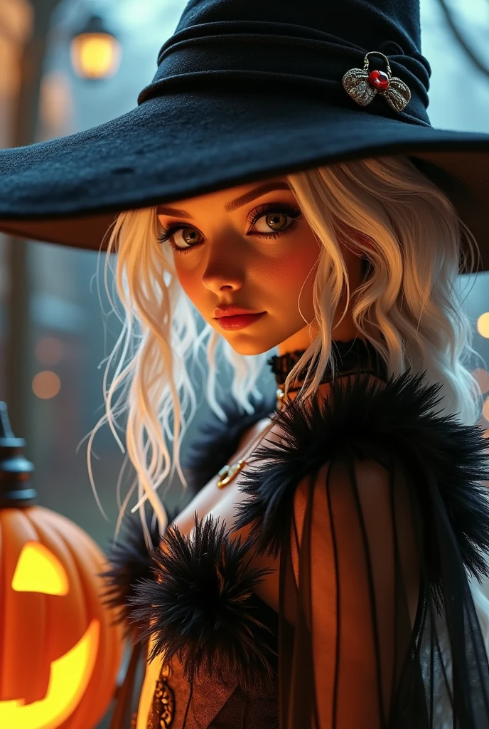 Halloween portrait in costume,photorealistic,HD,masterpiece,best quality,ultra-detailed,1girl,pumpkin,white hair,night,black witch hat,jack-o'-lantern,