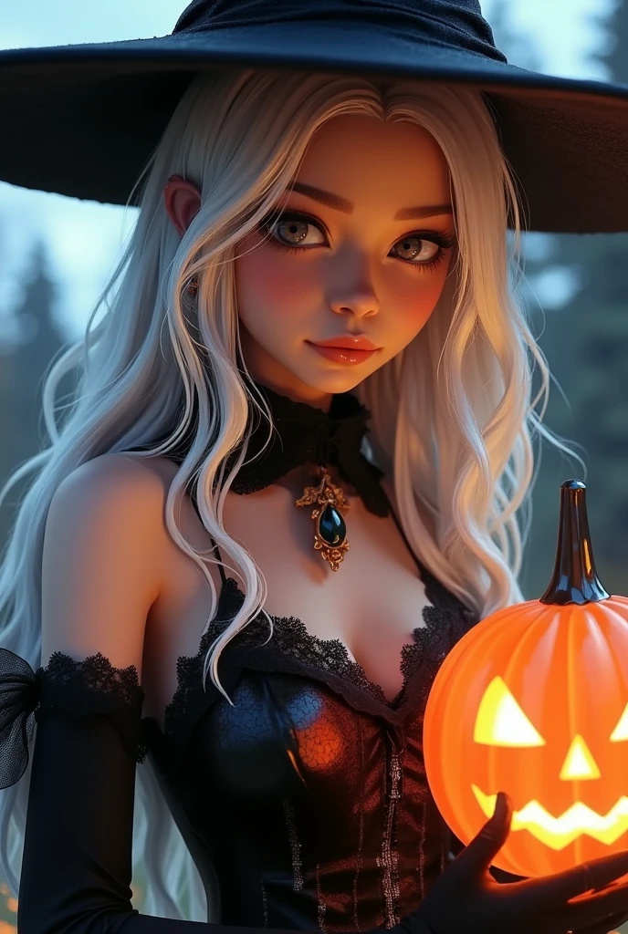 Halloween portrait in costume,photorealistic,HD,masterpiece,best quality,ultra-detailed,1girl,pumpkin,white hair,night,black witch hat,jack-o'-lantern,