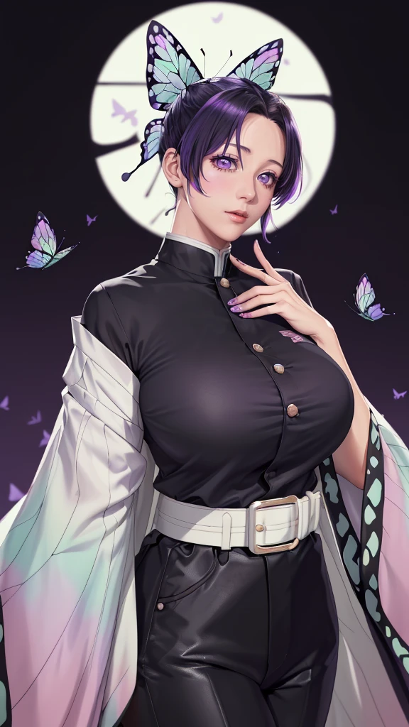 (（（figure，御姐figure,White and tender skin,（（haori, wide sleeves, long sleeves, black pants, black jacket, belt，）））,(（（kochou shinobu, butterfly hair ornament, purple eyes, multicolored hair, short hair, parted bangs, ））),,((masterpiece)),highres,((Best quality at best)),masterpiece,quality,Best quality,(（（  exquisite facial features , for the audience ,））），Huge breasts，）））