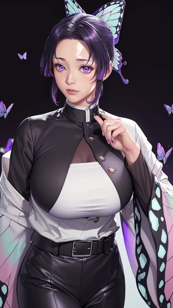 (（（figure，御姐figure,White and tender skin,（（haori, wide sleeves, long sleeves, black pants, black jacket, belt，）））,(（（kochou shinobu, butterfly hair ornament, purple eyes, multicolored hair, short hair, parted bangs, ））),,((masterpiece)),highres,((Best quality at best)),masterpiece,quality,Best quality,(（（  exquisite facial features , for the audience ,））），Huge breasts，）））