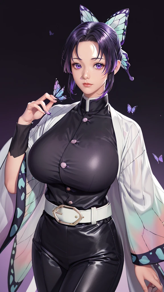 (（（figure，御姐figure,White and tender skin,（（haori, wide sleeves, long sleeves, black pants, black jacket, belt，）））,(（（kochou shinobu, butterfly hair ornament, purple eyes, multicolored hair, short hair, parted bangs, ））),,((masterpiece)),highres,((Best quality at best)),masterpiece,quality,Best quality,(（（  exquisite facial features , for the audience ,））），Huge breasts，）））