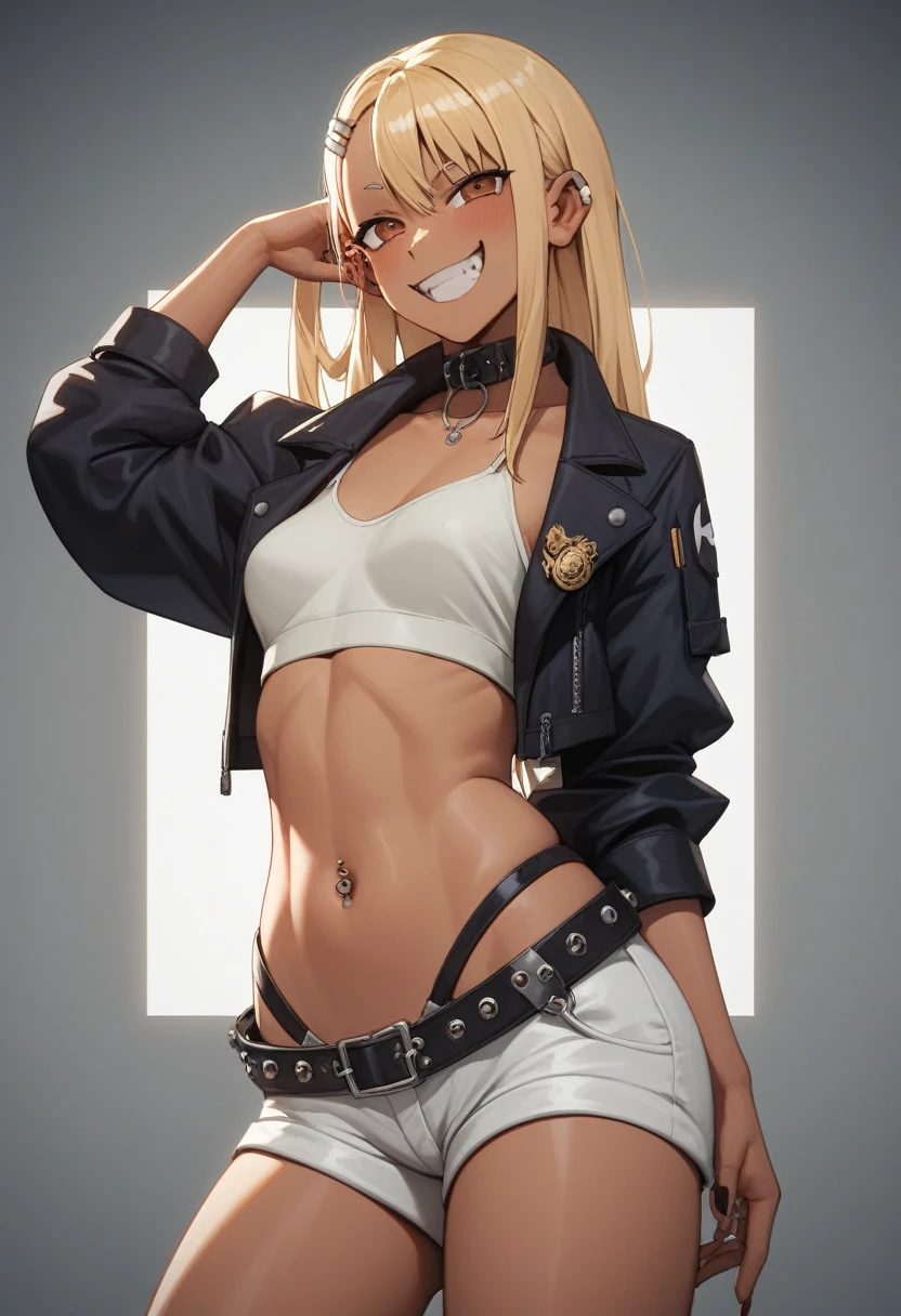 score_9, score_8_up, score_7_up, 1girl, standing, nagatoro hayase, solo , anime, blonde hair, hair clip, grin smile, tan, dark-skinned female, hadegalchainbelt, large o-rings, chain-belt, black cropped jacket, light green camisole, white shorts, navel piercing, masterpiece, ultra-detailed, 4k, look straight at viewer, 