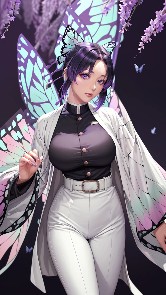 (（（figure，御姐figure,White and tender skin,（（haori, wide sleeves, long sleeves, black pants, black jacket, belt，）））,(（（kochou shinobu, butterfly hair ornament, purple eyes, multicolored hair, short hair, parted bangs, ））),,((masterpiece)),highres,((Best quality at best)),masterpiece,quality,Best quality,(（（  exquisite facial features , for the audience ,））），Huge breasts，）））