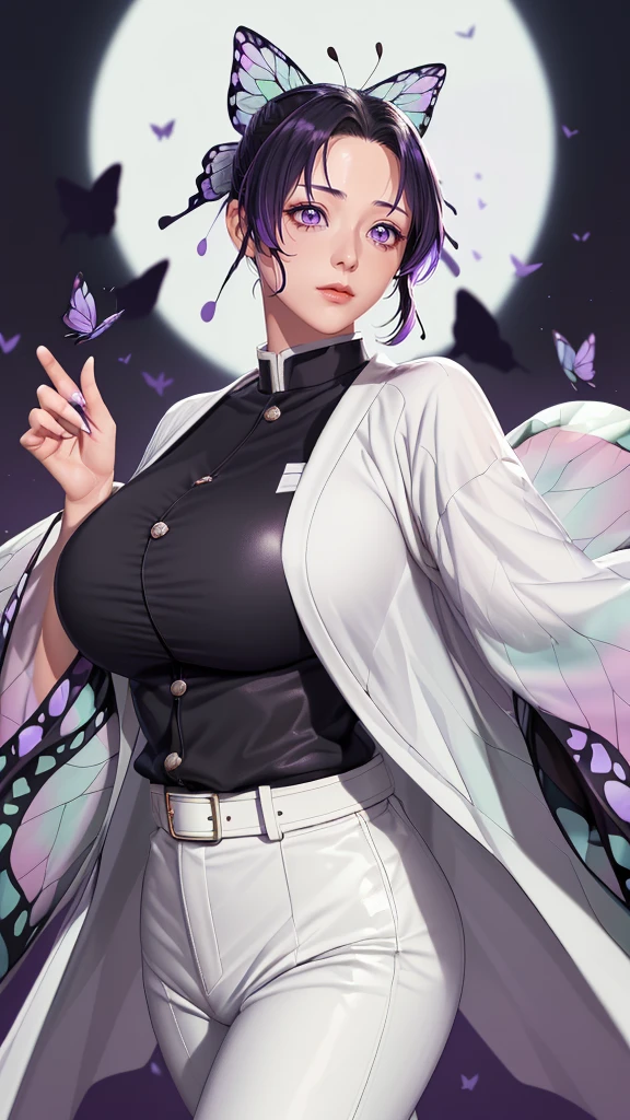 (（（figure，御姐figure,White and tender skin,（（haori, wide sleeves, long sleeves, black pants, black jacket, belt，）））,(（（kochou shinobu, butterfly hair ornament, purple eyes, multicolored hair, short hair, parted bangs, ））),,((masterpiece)),highres,((Best quality at best)),masterpiece,quality,Best quality,(（（  exquisite facial features , for the audience ,））），Huge breasts，）））