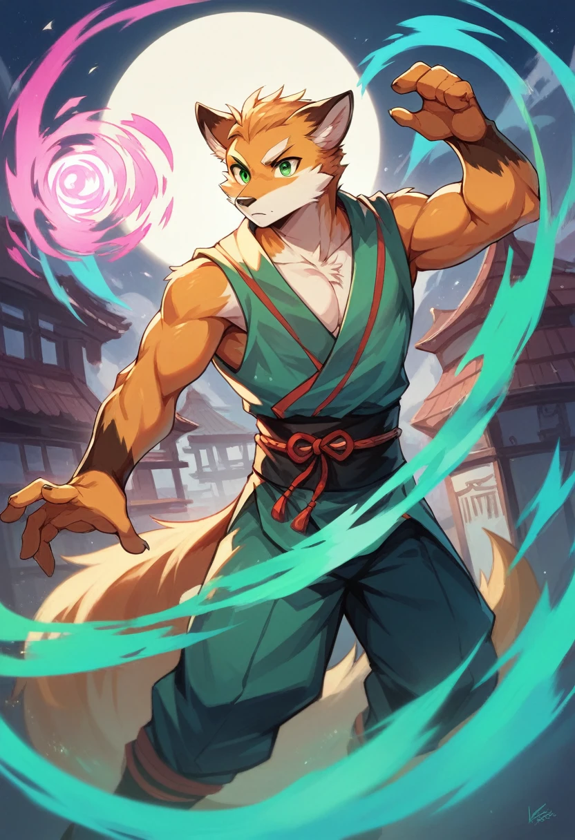 ((best quality)) ((masterpiece)) portrait, green eyes, magic, floating, sorcerer, bo, fitness fox, anthro, kawai, high detail, vibrant, fantasy city, asian clothes, male, 8k