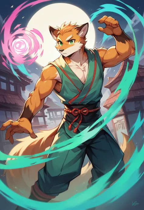 ((best quality)) ((masterpiece)) portrait, green eyes, magic, floating, sorcerer, bo, fitness fox, anthro, kawai, high detail, v...