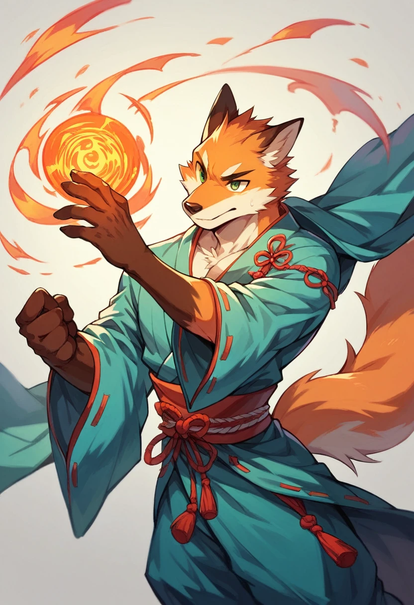 ((best quality)) ((masterpiece)) portrait, green eyes, magic, floating, sorcerer, fitness ginger fox, determination, anthro, kawai, high detail, vibrant, fantasy city, asian clothes, male, 8k