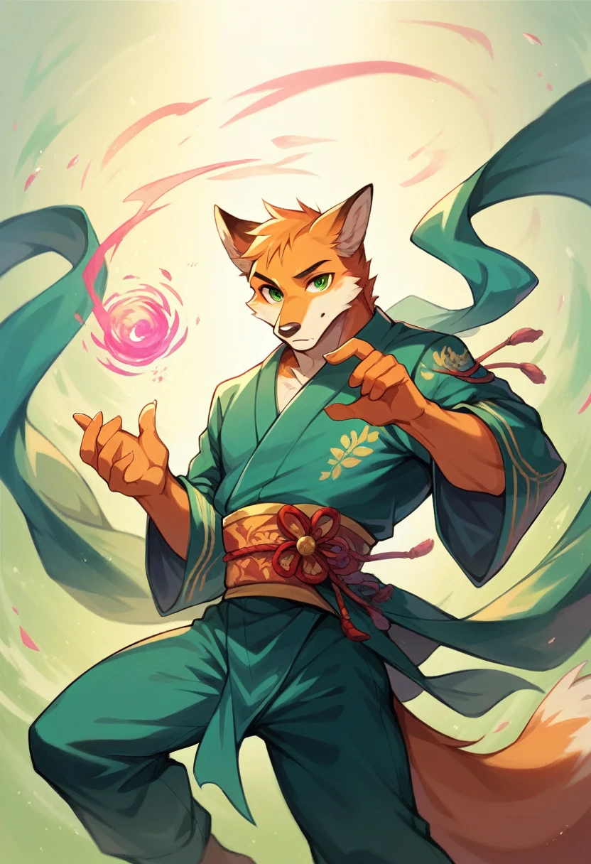 ((best quality)) ((masterpiece)) portrait, green eyes, magic, floating, sorcerer, fitness ginger fox, zen expression, anthro, kawai, high detail, vibrant, fantasy city, asian clothes, male, 8k