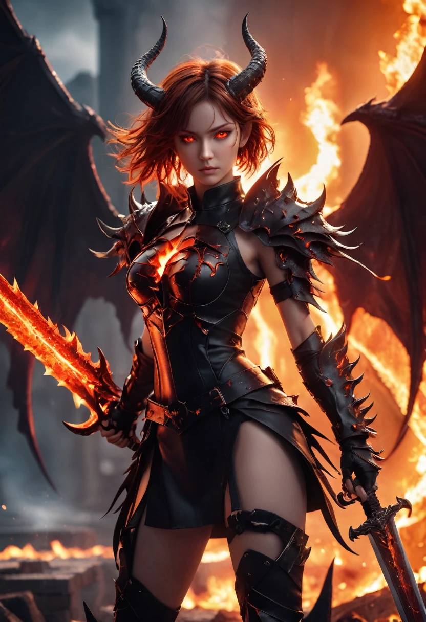  best quality,   Best Illustration , Dark fantasy setting,Beautiful female demon,Spike Accessories,Tight combat uniform,Red eyes,Burning Devil Wings,Sharp Corners,Has a flaming sword,Cast a Shadow, Standing on Ruins ,Red and orange palette,Supernatural Powers, dynamic lighting,  depth of field,  best shadow , Stable Diffusion Model, Sparkling