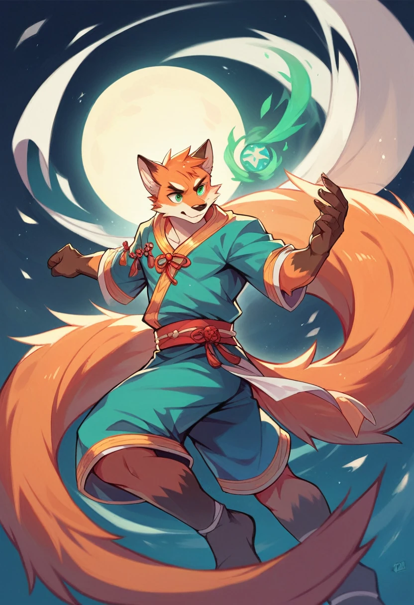 ((best quality)) ((masterpiece)) portrait, green eyes, magic, floating, sorcerer, fitness ginger fox, zen expression, anthro, kawai, high detail, vibrant, fantasy city, asian clothes, male, 8k