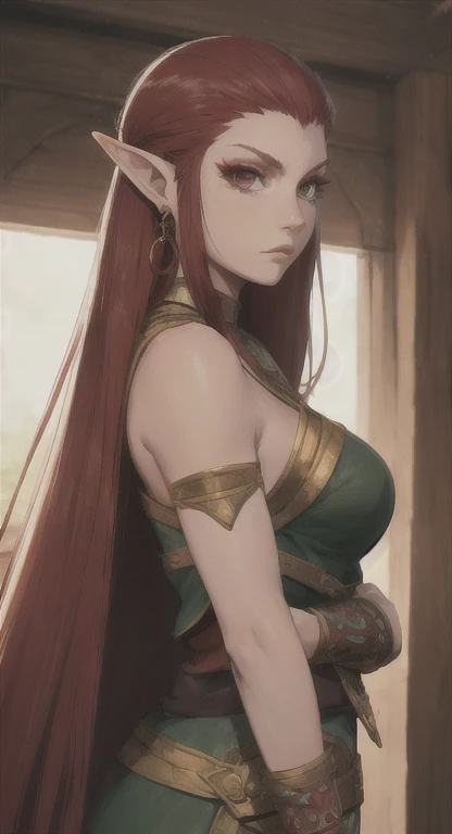 Ancient Hylian, warrior Princess Erza Scarlet, looking at viewer, POV, ancient warrior armor, long messy hair, ancient Hyrule, medieval guild, 