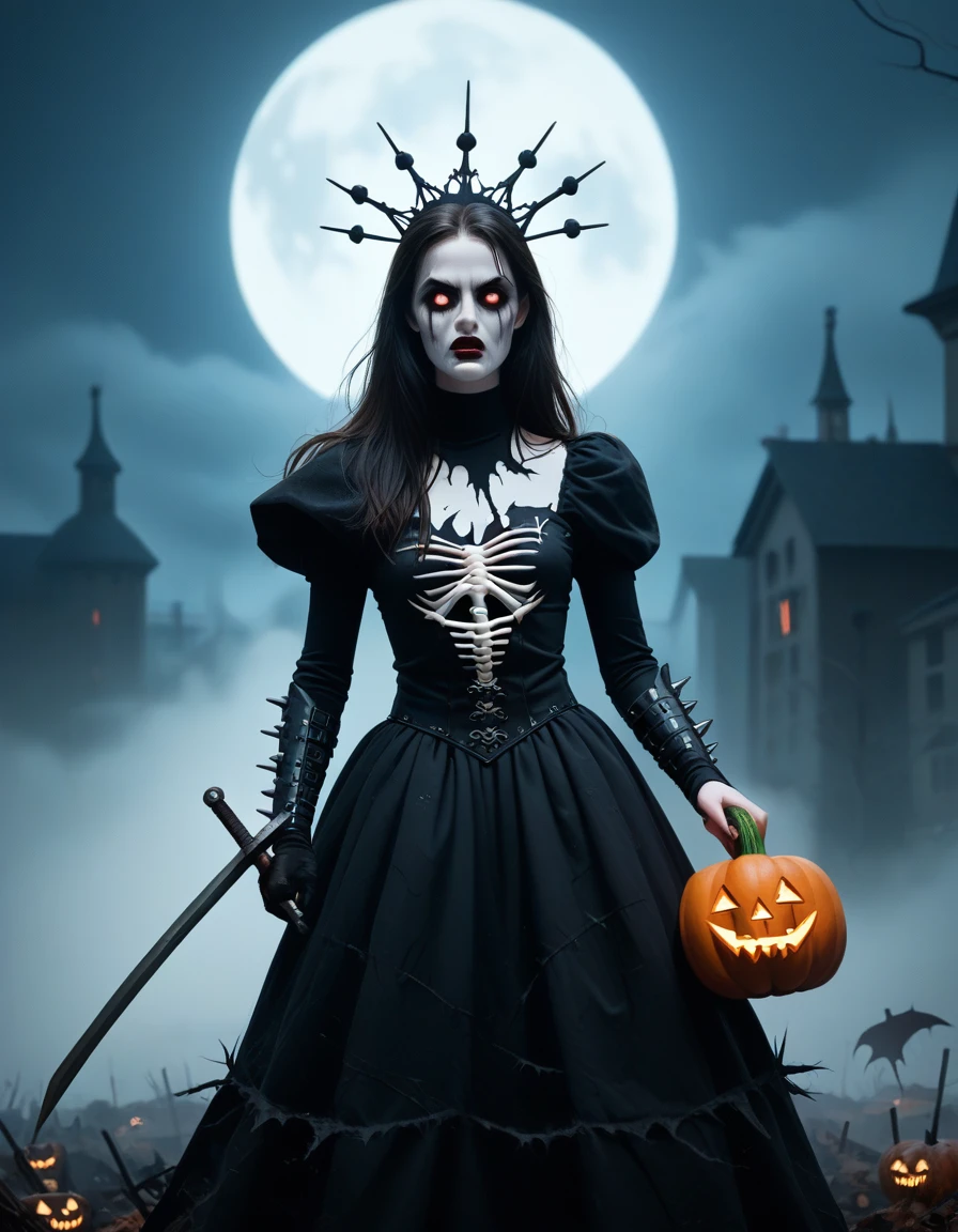 This Halloween-themed, creepy artwork showcases a dark and ominous woman, the embodiment of the scary queen of death. Clad in a black, tattered dress that billows eerily in the cold night air, she wields a gleaming sword and carries a sinister pumpkin, signaling her role as a harbinger of terror. Her armor is adorned with spikes and skeletal motifs, emphasizing her dark power and malevolence. zomboid art style 
The prompt incorporates by marc twain art style and the specified LORA model for a more unique and personalized outcome Jean-Baptiste Monge, anthropomorphic --ar 2:3 --testp -optimistic;