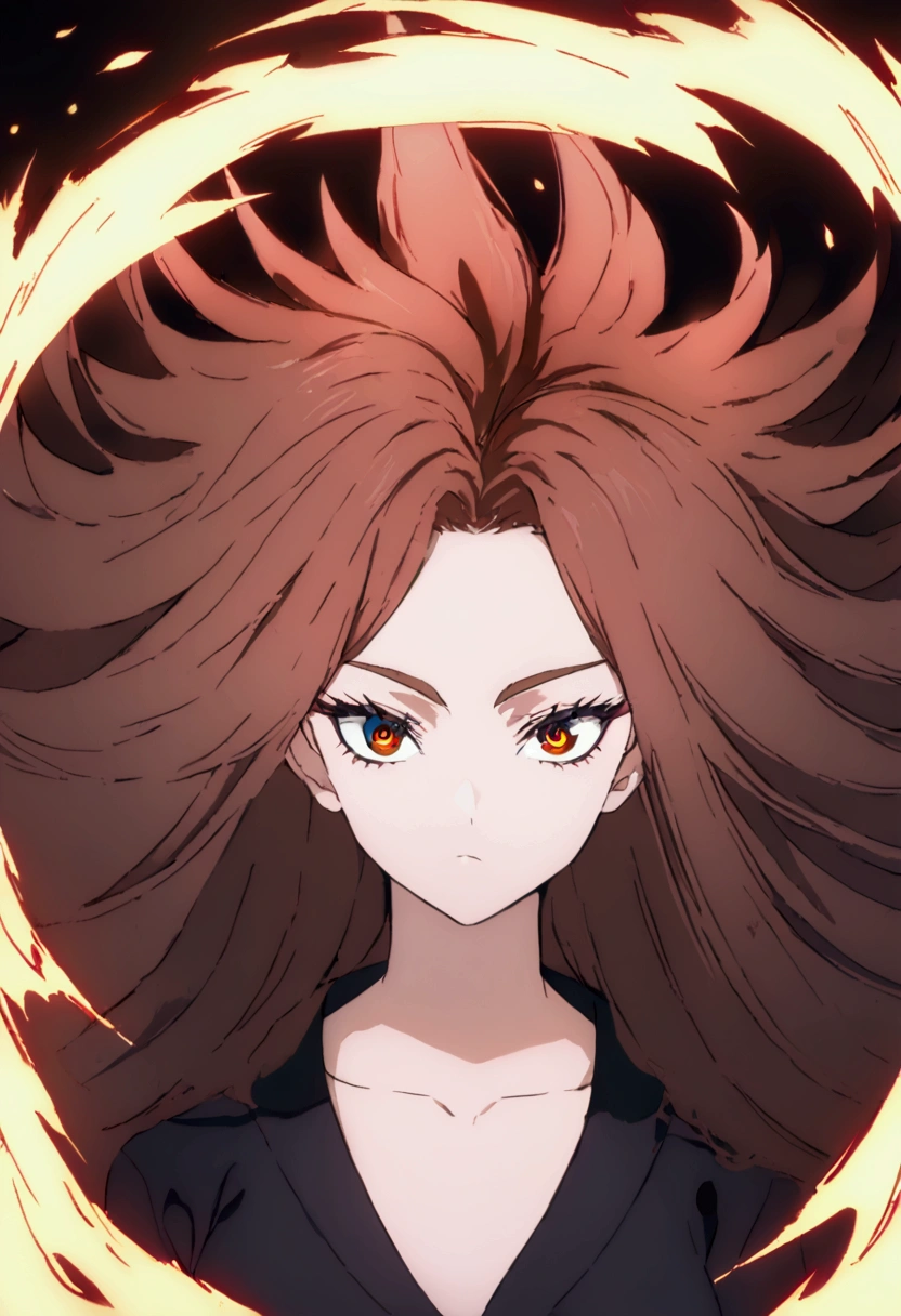 Woman with big hair and eyes like flaming phoenixes