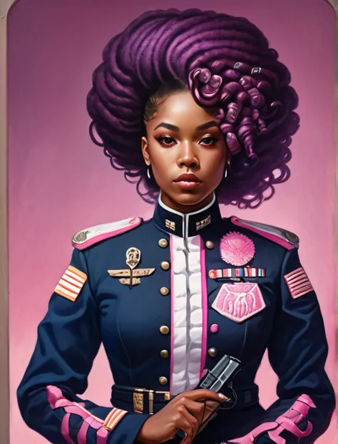 african american woman with locks  in black pink and dark blue military uniform with white armored  troops holding glocks with a...