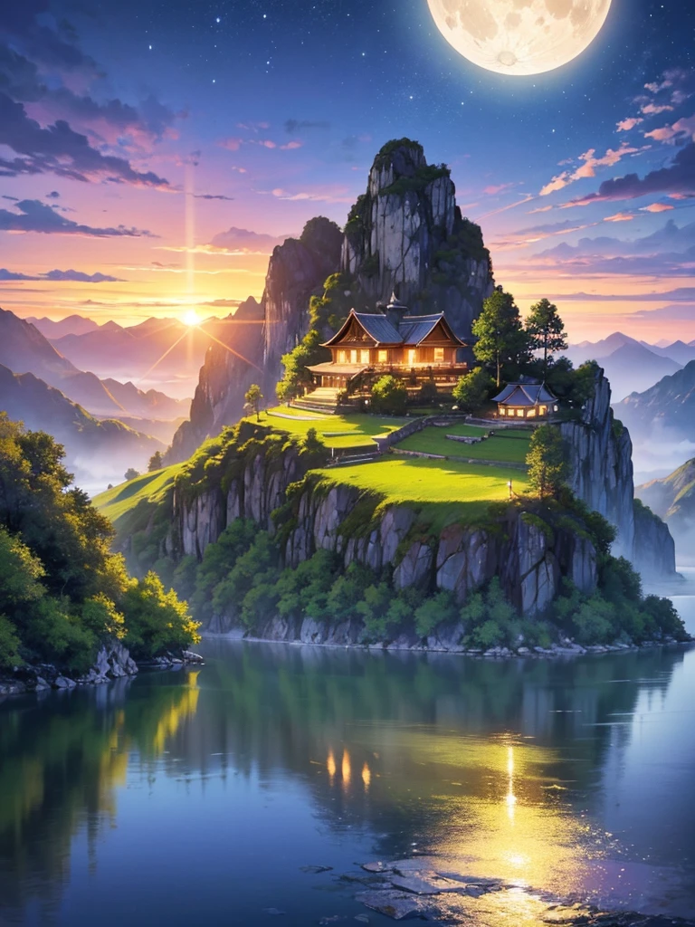 night scene with some house asian, vietnam, viet nam, ha giang, moon, lake in the foreground, calm night, green and blue, digital illustration, 4k highly detailed digital art, night scenery, anime art wallpaper 4k, anime art wallpaper 4 k, 4k detailed digital art, nighttime nature landscape, anime art wallpaper 8 k, background artwork, beautiful art uhd 4 k, 4 k hd illustrative wallpaper