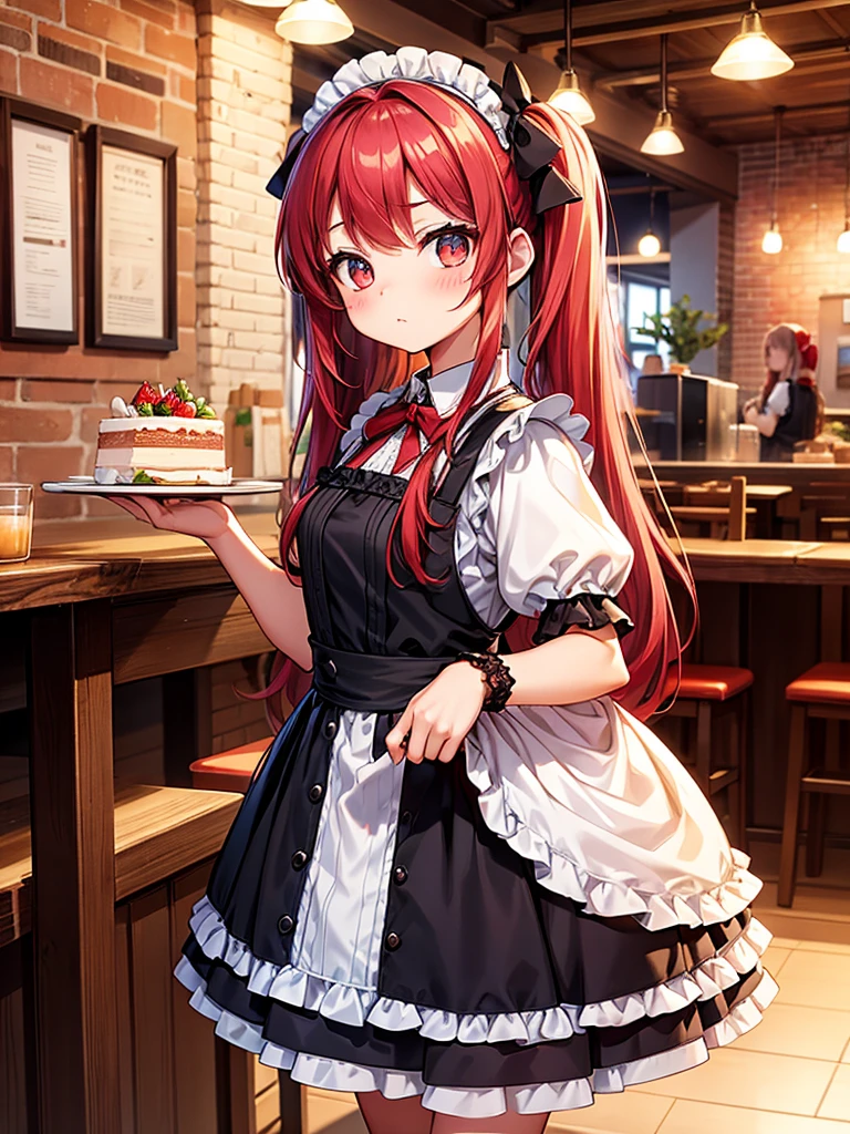 Promotional photo, the place is a coffee shop, 1 girl, 16-year-old face, waitress carrying cake to the table, red-haired twin tails, gentle face, half costume of gothic lolita and maid costume with the image of strawberries, clothes based on white,