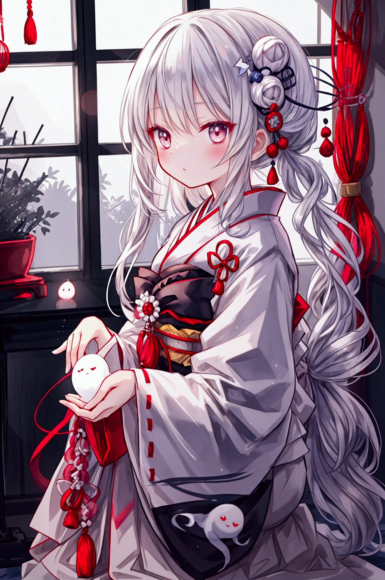 ghost woman, cute aspect, innocent look, traditional japanese dress,  cute darkness, traditional domestic design, dimly lit