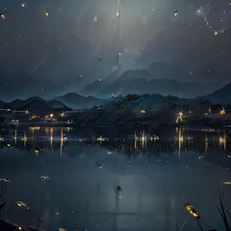 Pond in the evening:1.5, ((panoramic:1.4)), ((Beautiful night lake in the dark:1.5)), ((Fireflies flying around，Lighting up the lake:1.5)), (( extremely detailed :1.5)), The light of fireflies is reflected in the water:1.2, Idyllic, Dreamy, fantasy:1.3)), Dark environment soft moonlight reflected in the water, Ultra-realistic 8k, portrait, Highly detailed 32k digital art, Beautiful artwork digital art, ((Light blue, blue, brown: 1.2)), 8K Photorealistic Digital Art,  soft lighting , ((  is very detailed : 1.4), (( masterpiece )), (  with exquisite details，Aesthetics: 1.3), (Reality: 1.4)